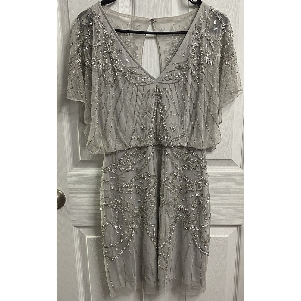 Adrianna Papell Short Sleeve Beaded Sparkle Gatsby Mini Dress Silver Wedding 2